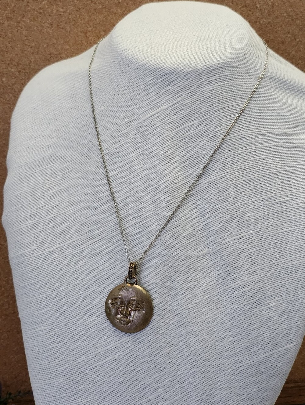 Baroni Bronze Round Moon Face Pendant Necklace Sterling Silver Baroni Chain